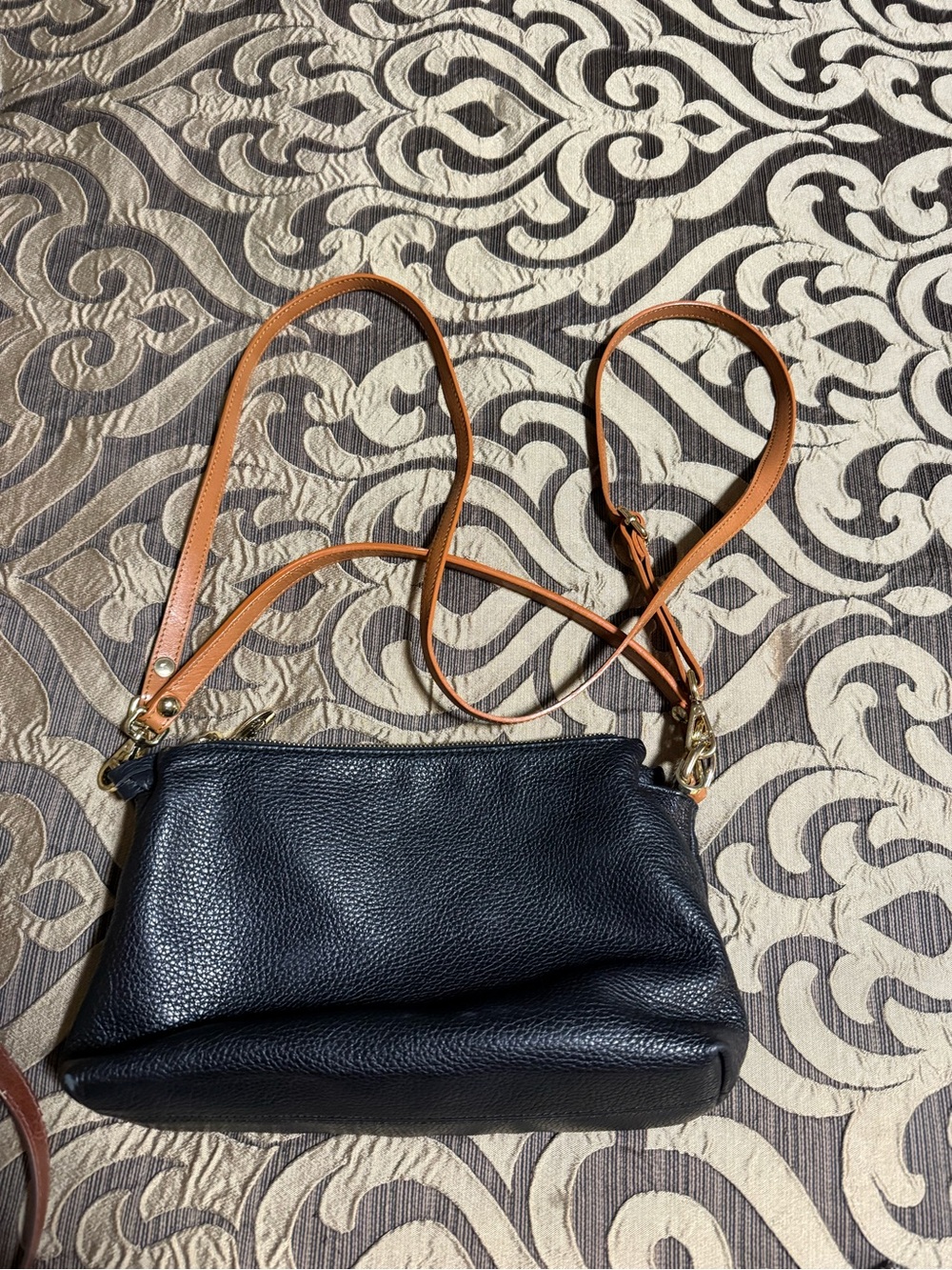Valentina Black Pebbled Crossbody with Tan Strap